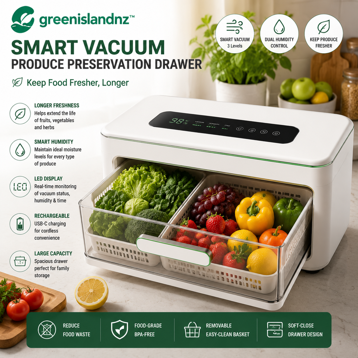 greenislandnz™ Smart Vacuum Produce Preservation Drawer