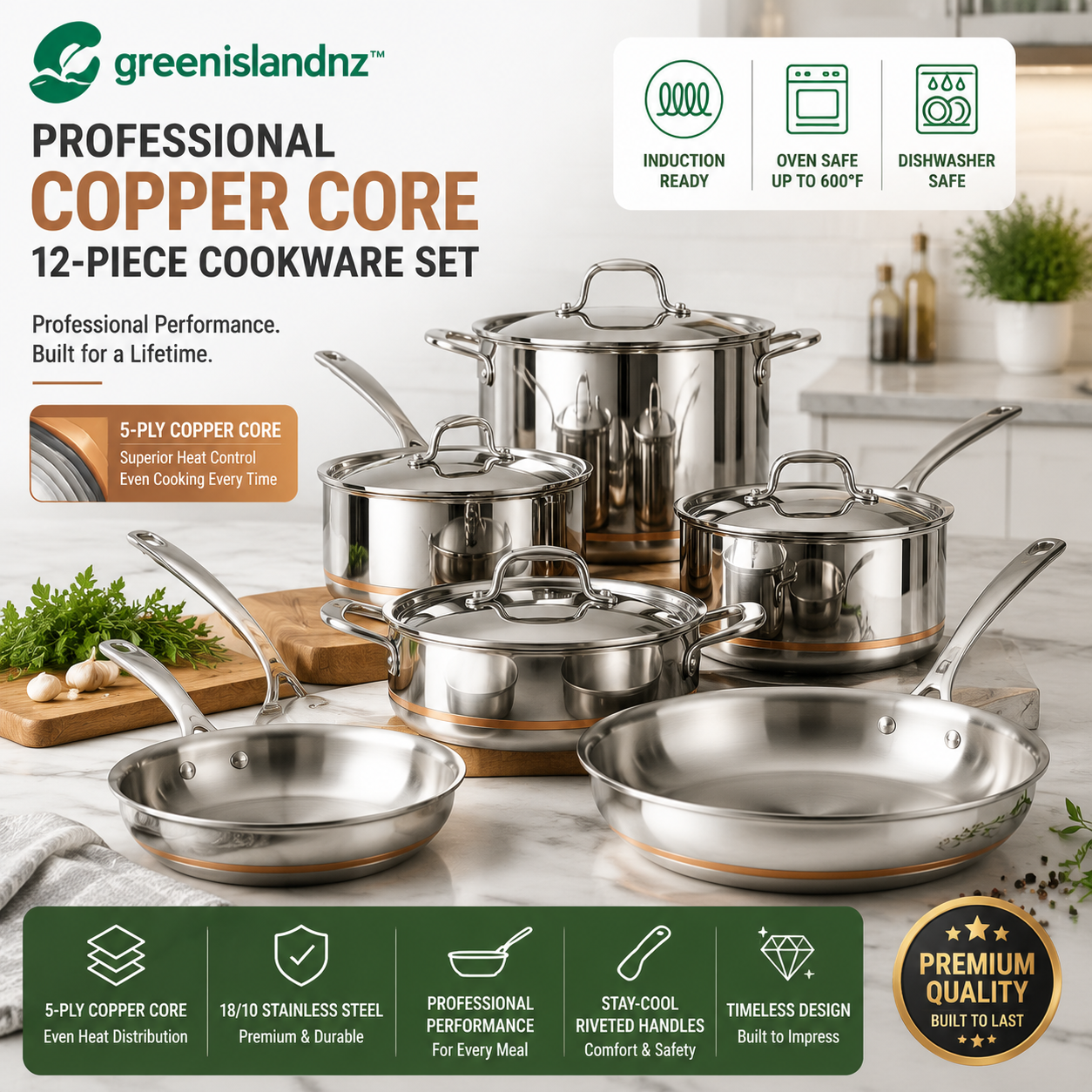 greenislandnz™ Professional Copper Core 12-Piece Stainless Steel Cookware Set