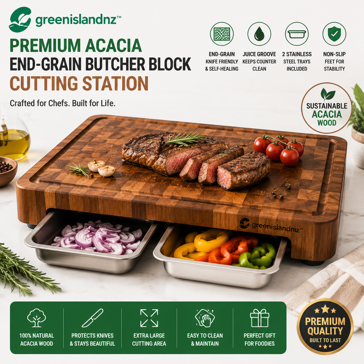 greenislandnz™ Premium Acacia End-Grain Butcher Block Cutting Station